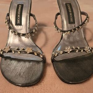 Pewter Satin Heels with Crystals - Size 7